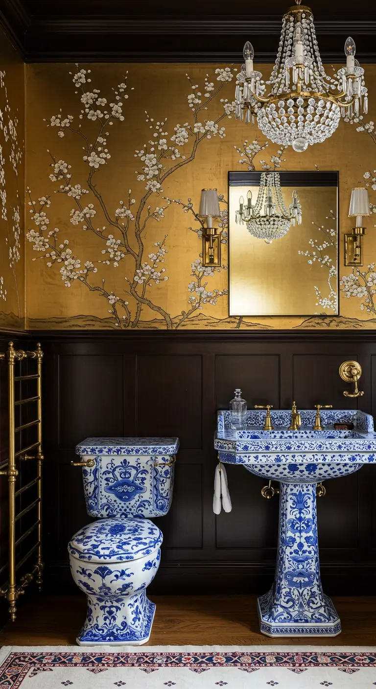 Ornate bathroom with gold cherry blossom wallpaper and blue porcelain toilet.