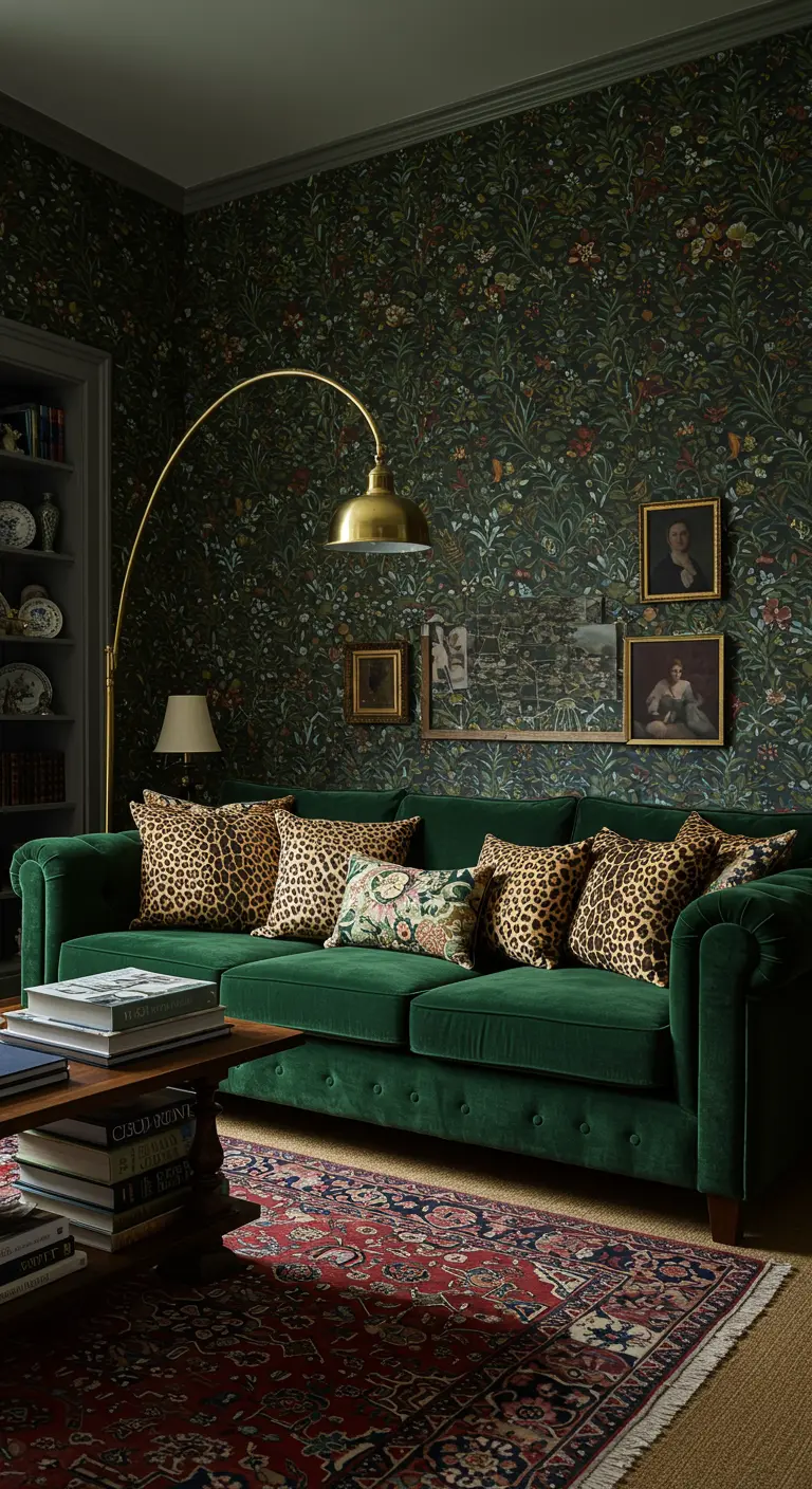 Emerald green velvet sofa with leopard pillows in front of dark floral wallpaper.