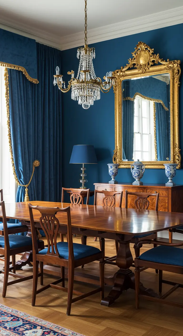 Traditional dining room with royal blue walls, wood furniture, and a large gold mirror.