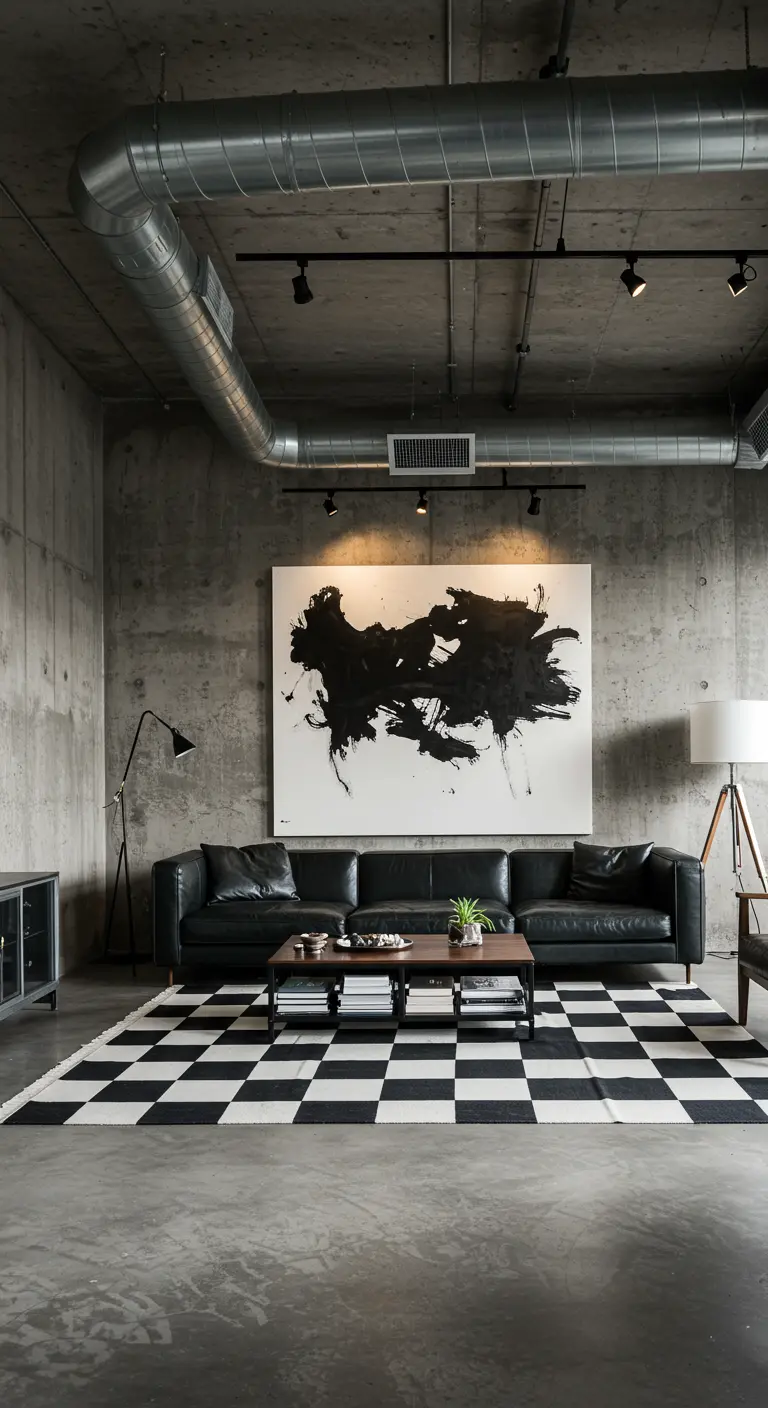 Industrial loft living room with concrete walls, a checkerboard rug, and large abstract art.
