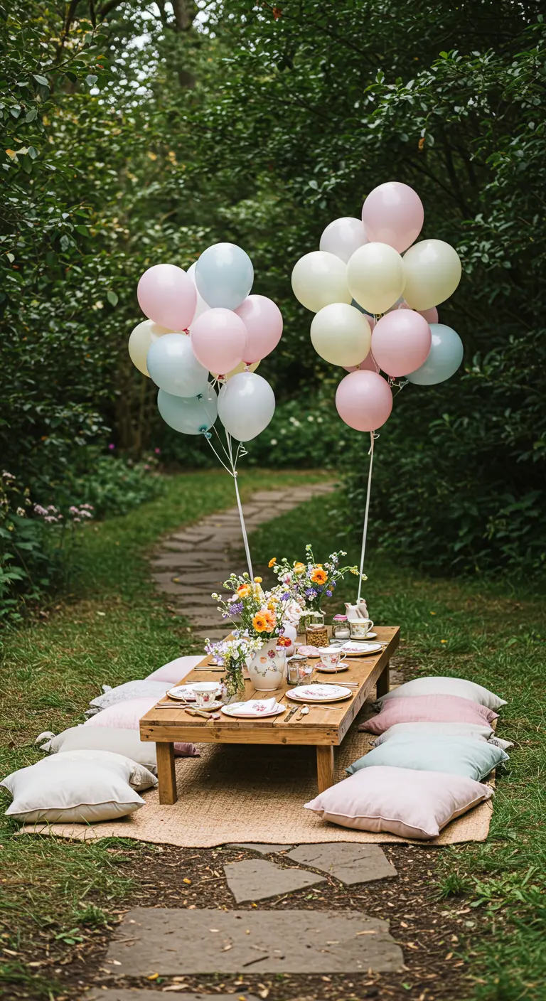 Low picnic table set for a tea party with pastel pillows on the grass.