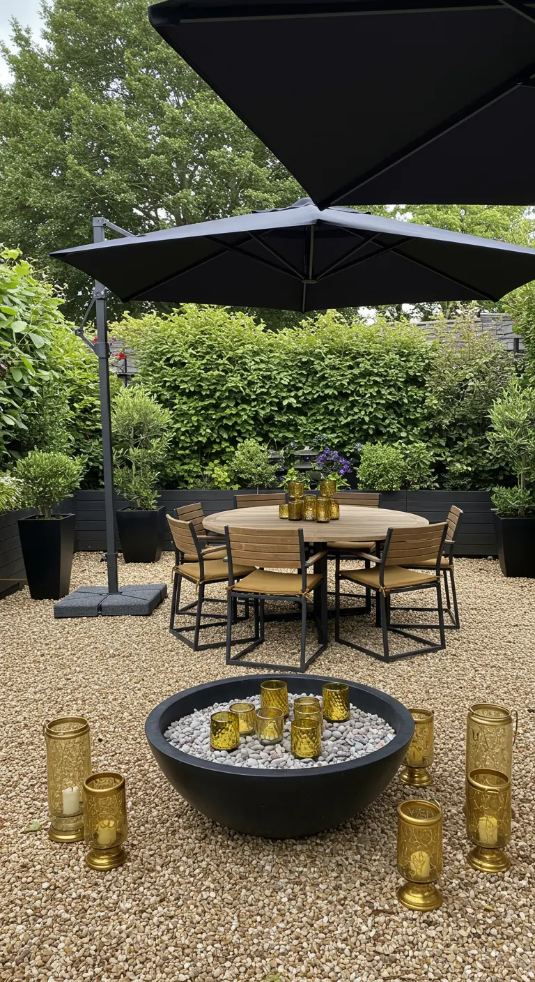 A gravel patio with a black dining set and a fire bowl filled with amber candle votives.