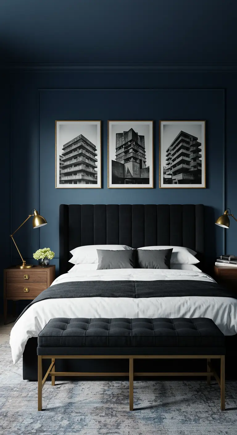 Navy blue bedroom featuring a triptych of Brutalist architecture photography.
