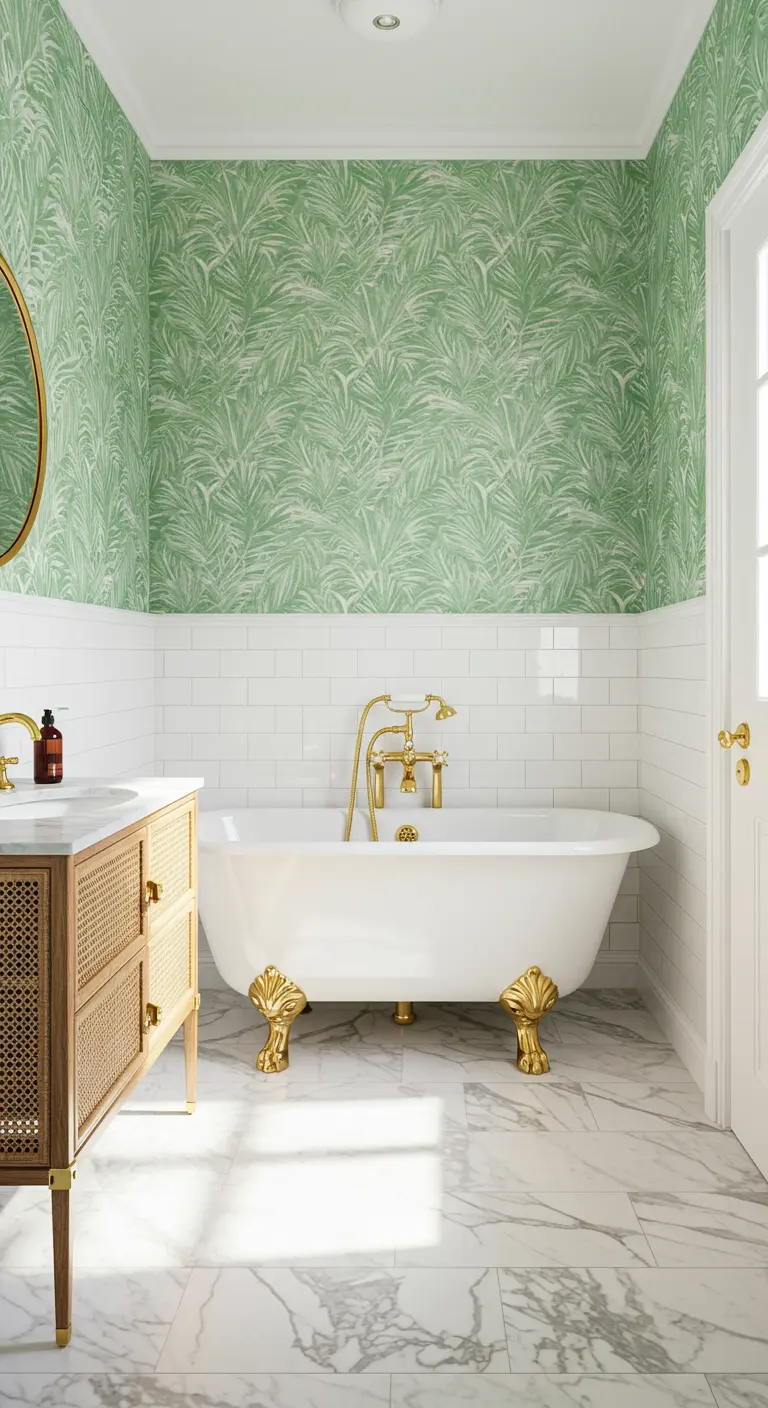 Bathroom with light green palm wallpaper, white subway tile, and a clawfoot tub with gold feet.