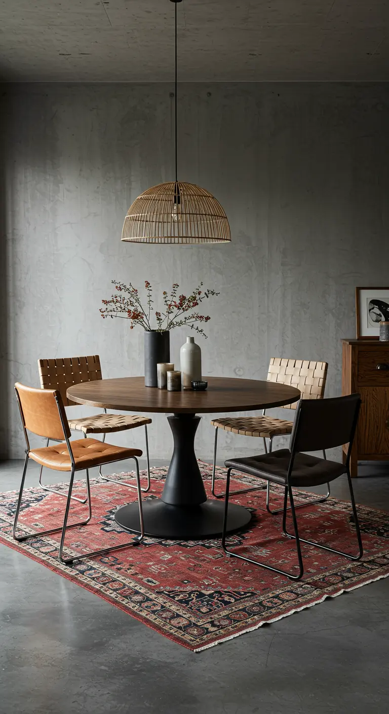 Round dining table on a red Persian rug with mixed-material chairs and a rattan pendant.