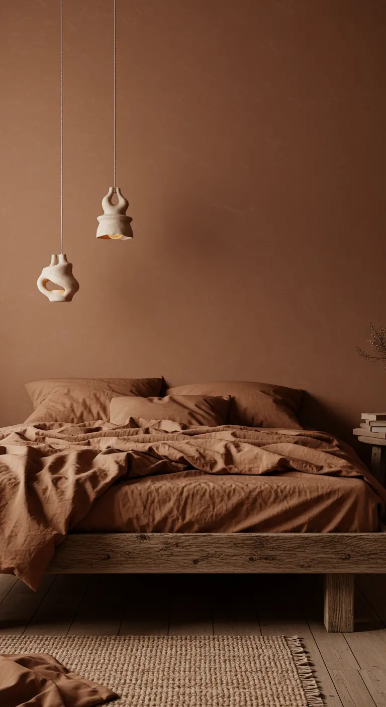 Earthy terracotta bedroom with two unique ceramic pendant lights over the bed.