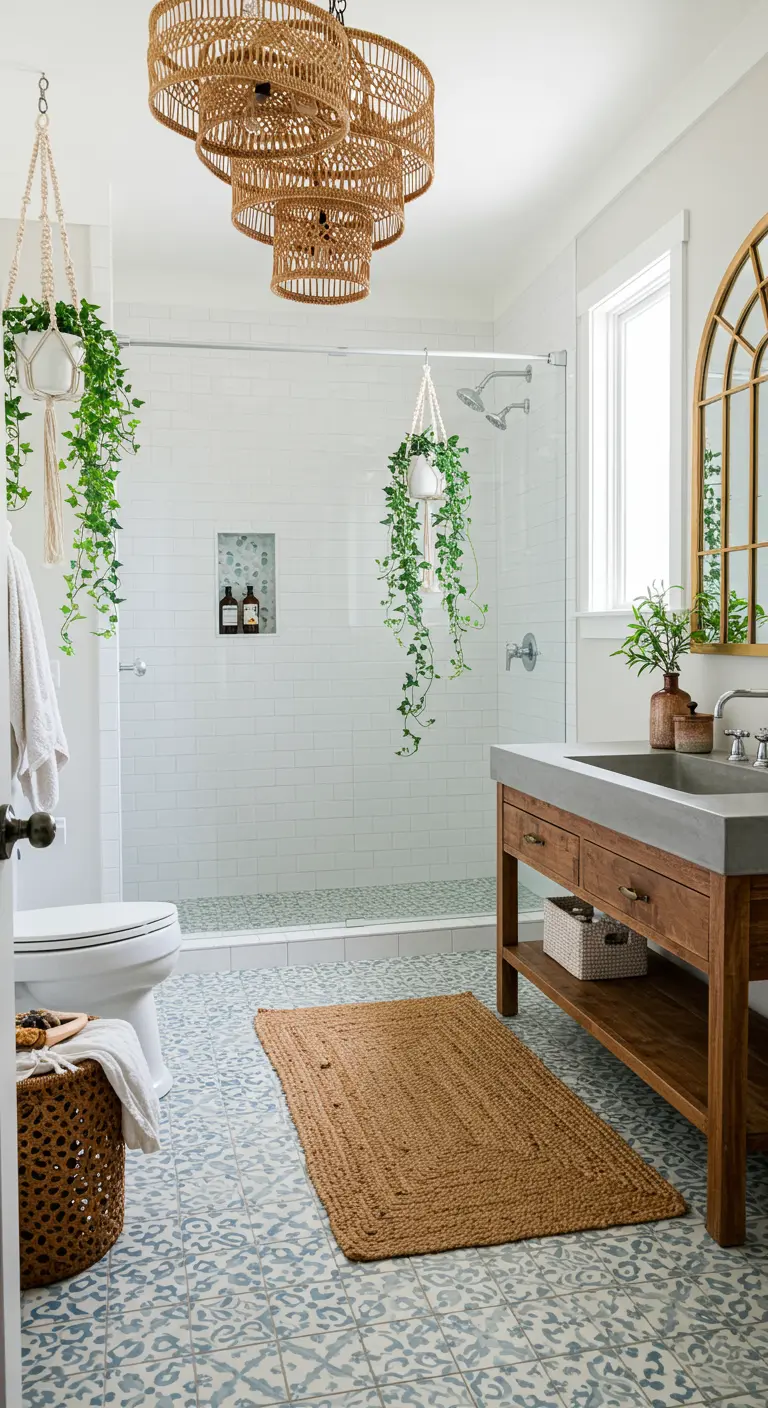 Bathroom with blue patterned floor tiles and a tiered rattan chandelier.