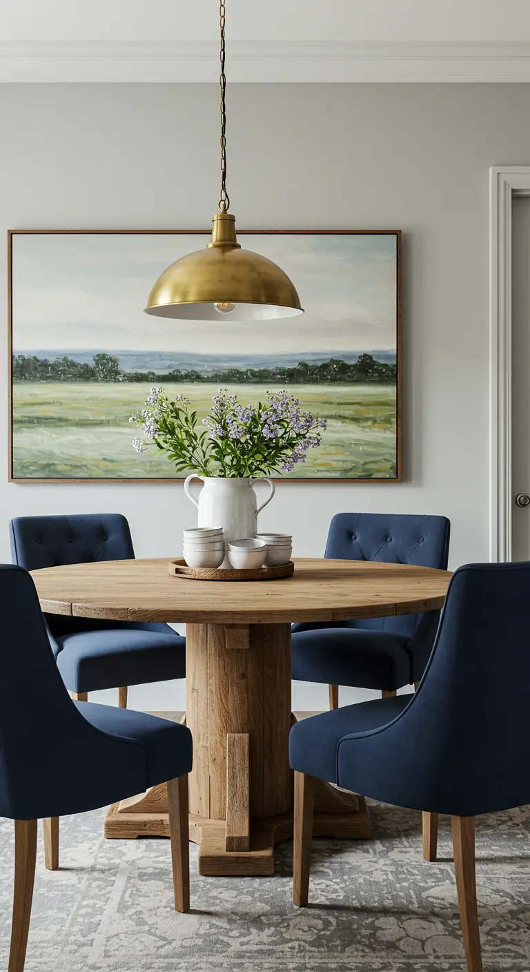 Dining room with a heavy pedestal table, navy velvet chairs, and a landscape painting.