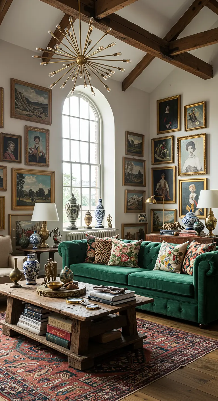 Living room with vaulted wood beam ceiling, an emerald green sofa, and an extensive gallery wall.