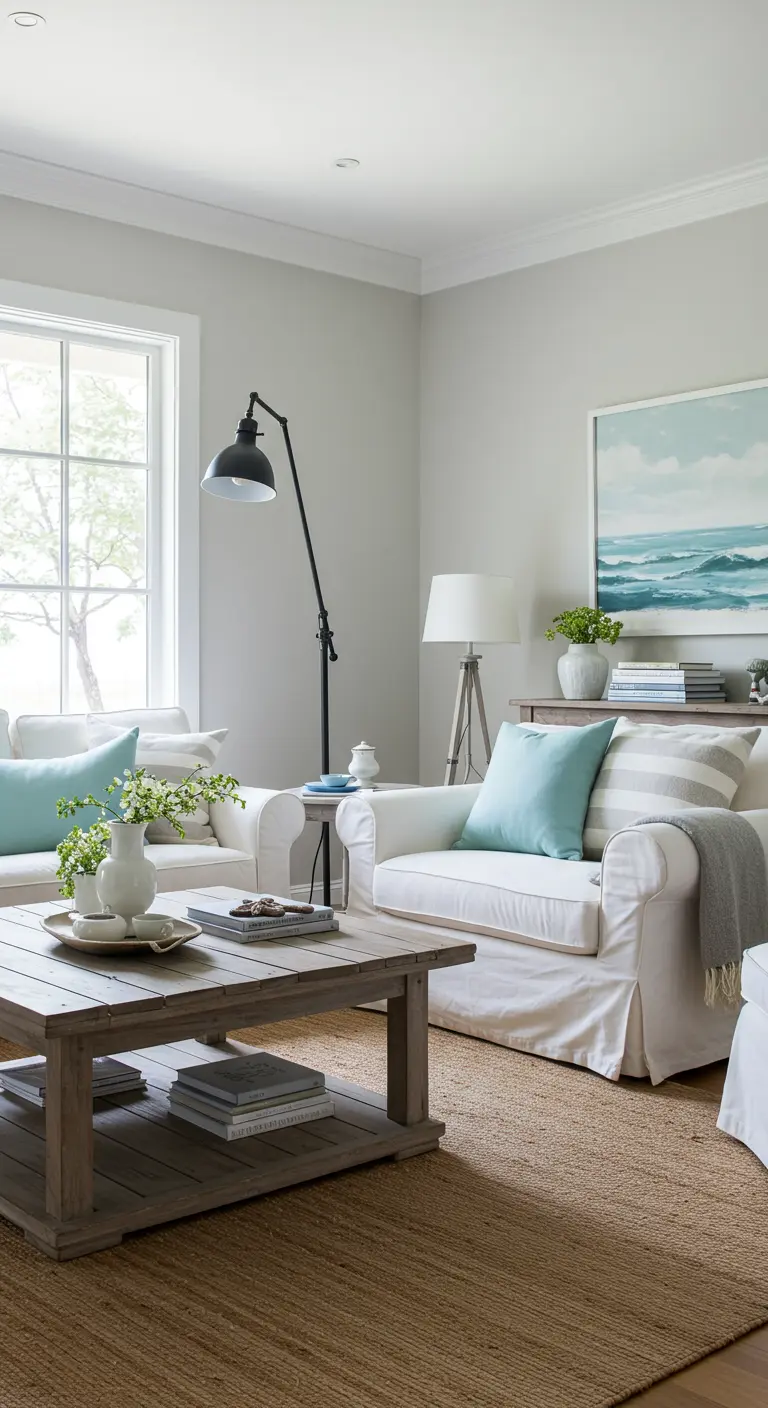 Living room with white slipcovered sofas, aqua pillows, and one blue-and-white striped pillow.