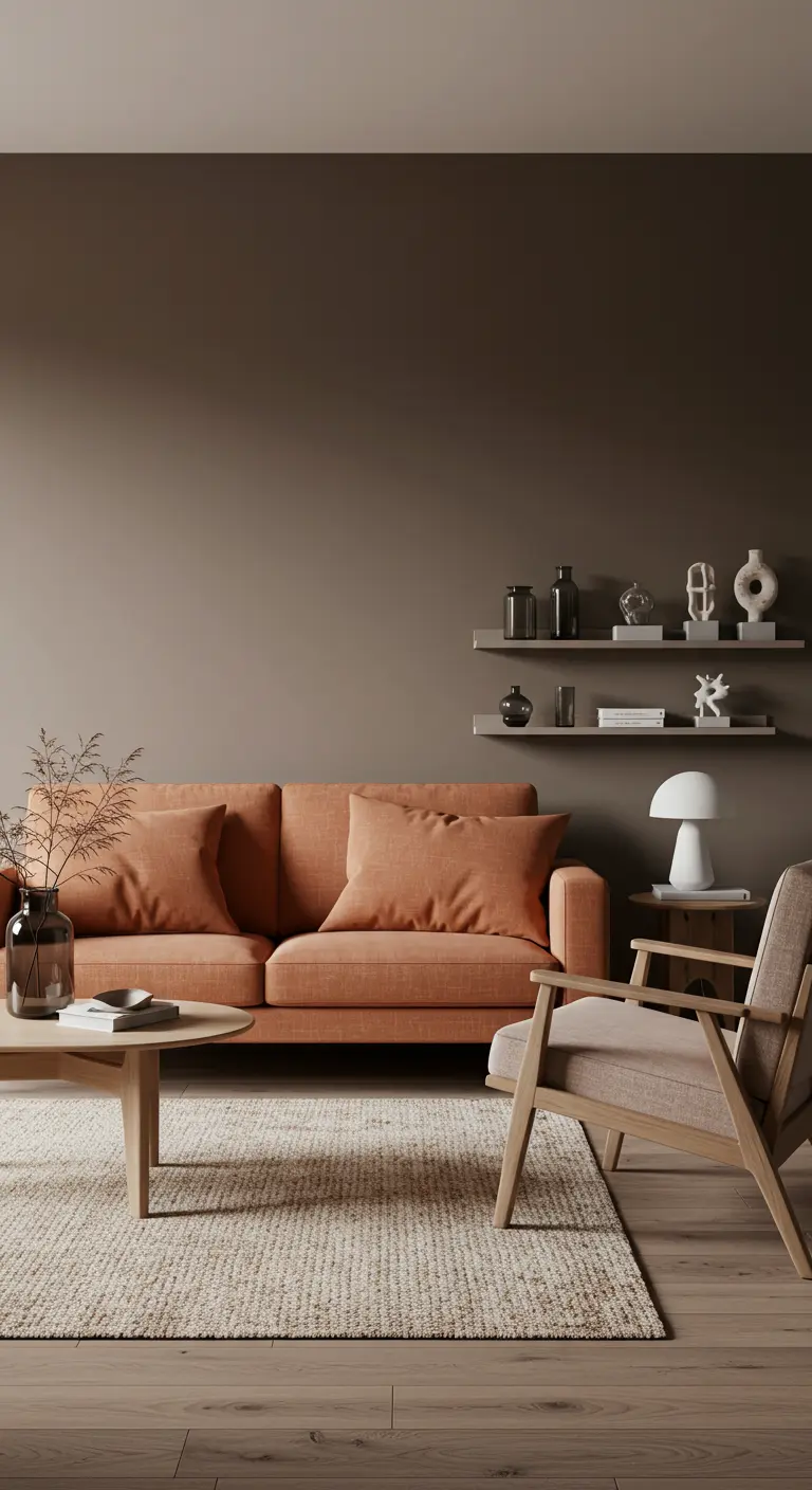 Japandi living room with a terracotta-colored sofa and minimalist floating shelves.