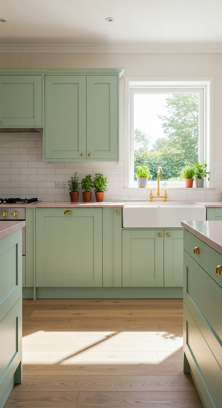 Mint green shaker kitchen with rose quartz countertops and a white farmhouse sink by a window.