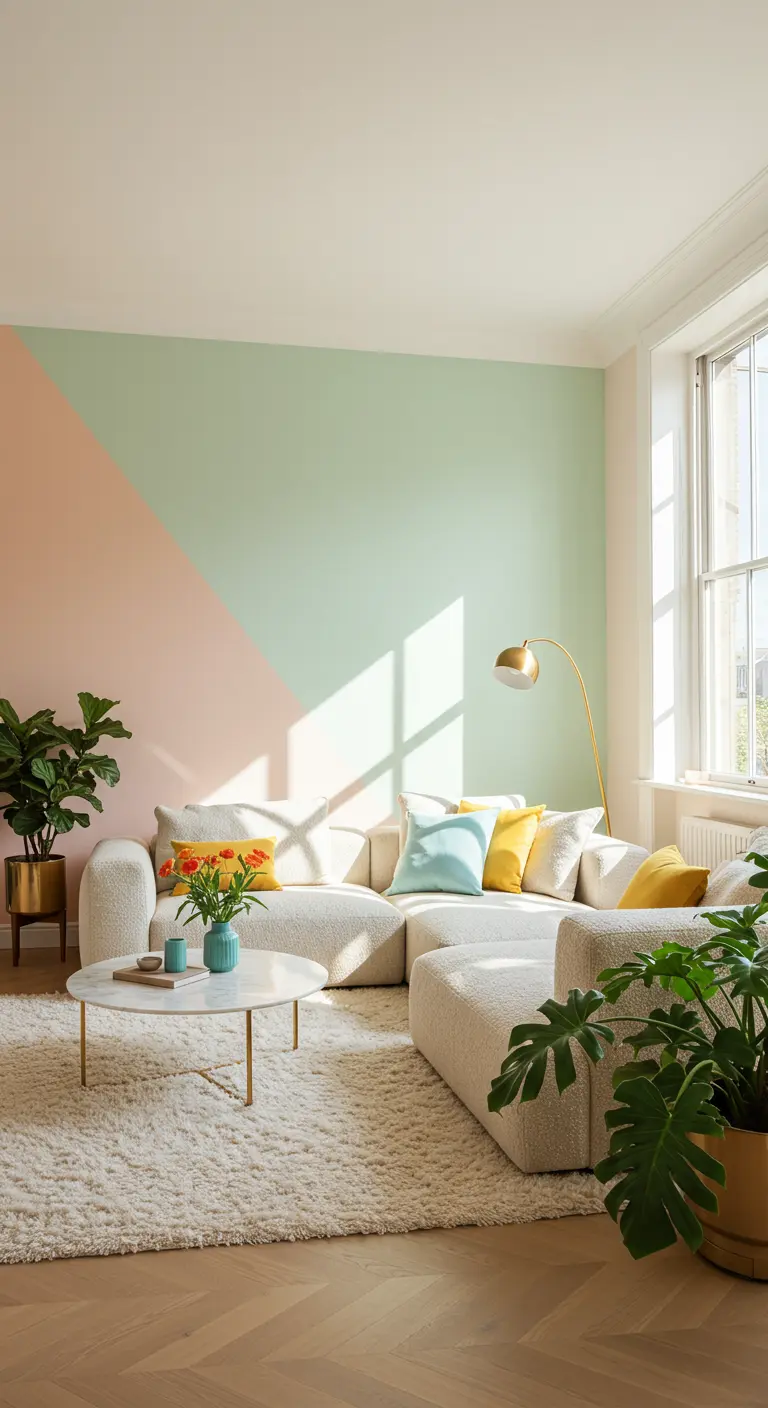 Diagonal mint and blush wall behind a white boucle sectional with plants and brass accents.