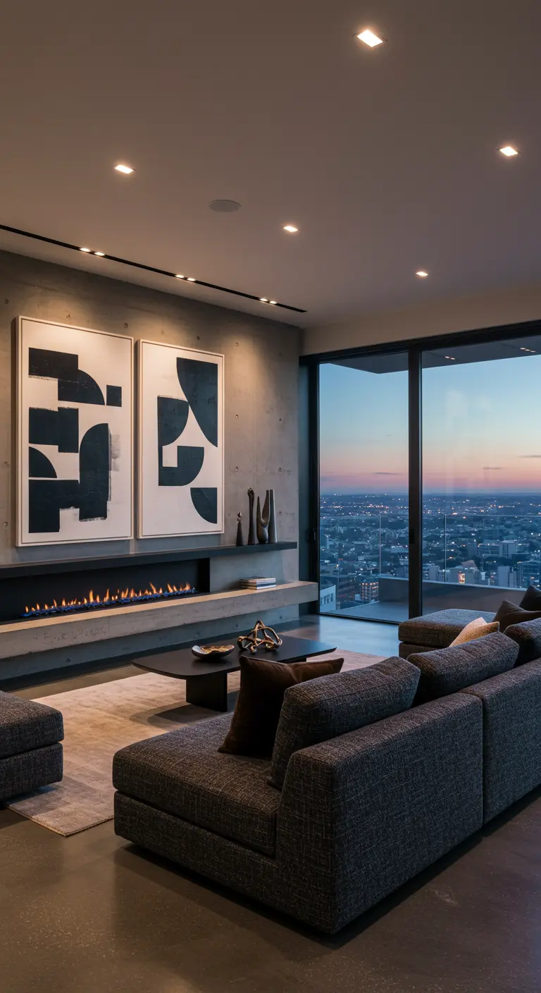 Low concrete fireplace with a long black floating shelf and two large abstract art pieces.