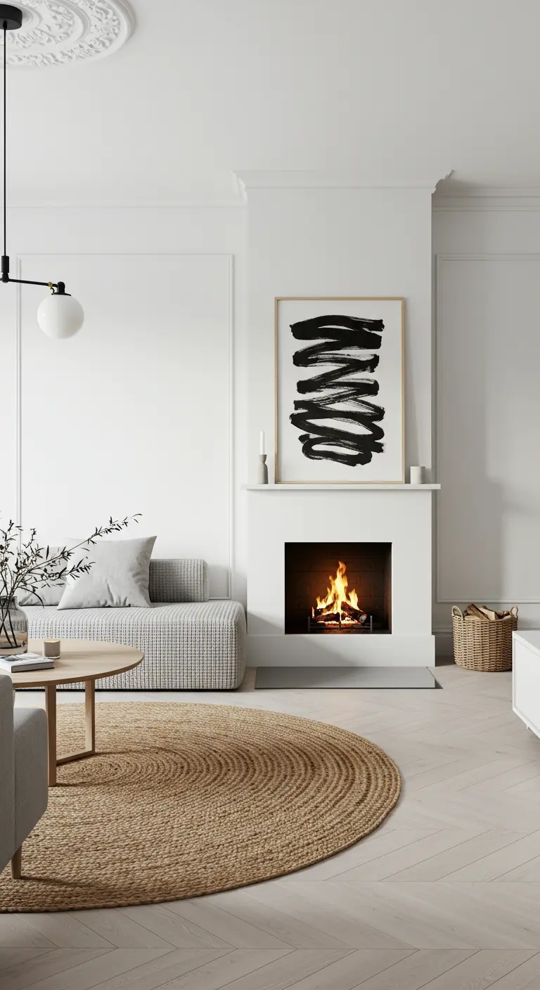 A round woven jute rug anchors a seating area in front of a white minimalist fireplace.