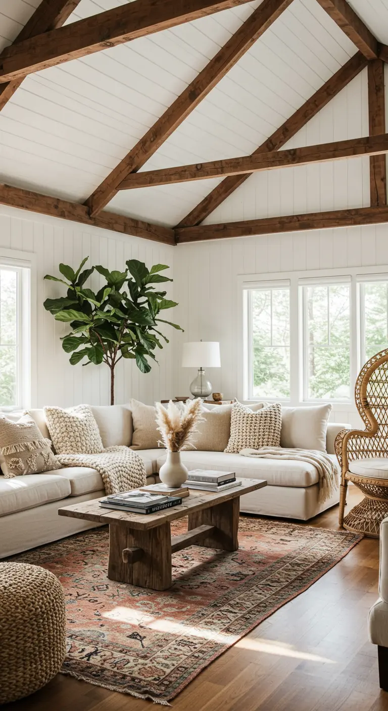 Living room with vaulted ceiling, exposed beams, and a vintage-style Persian rug.