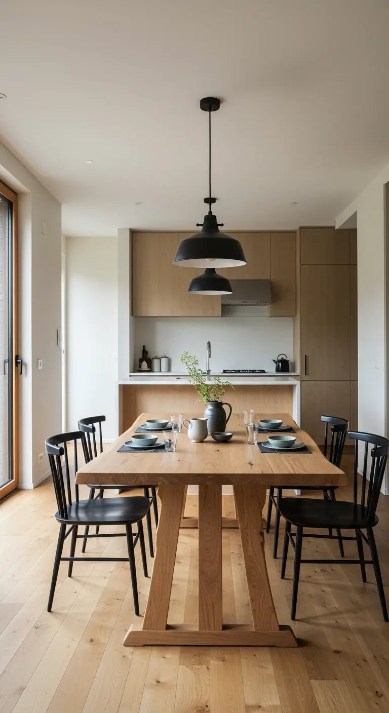 Oak dining table paired with black chairs and black pendant lights in a Japandi kitchen.
