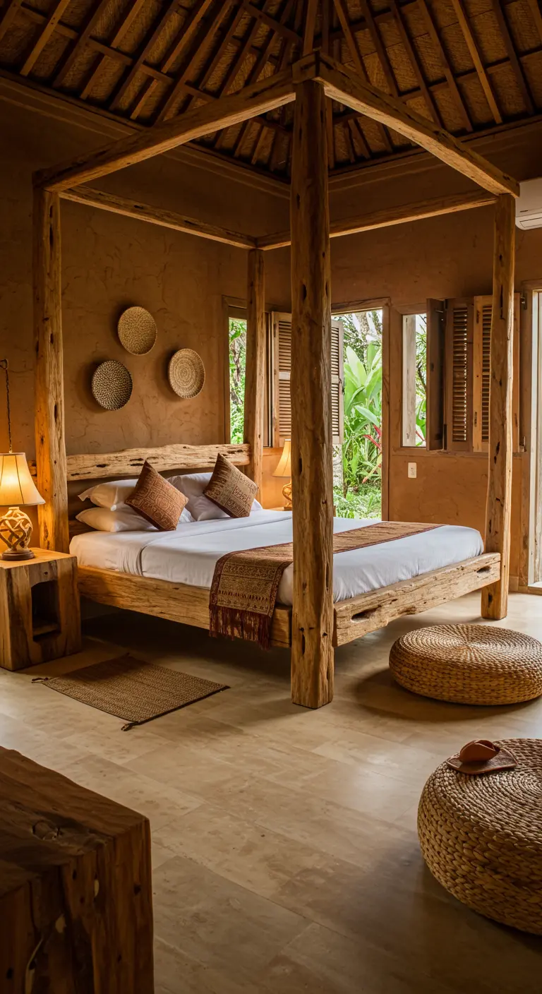 Rustic bedroom with a raw wood canopy bed and terracotta plaster walls.