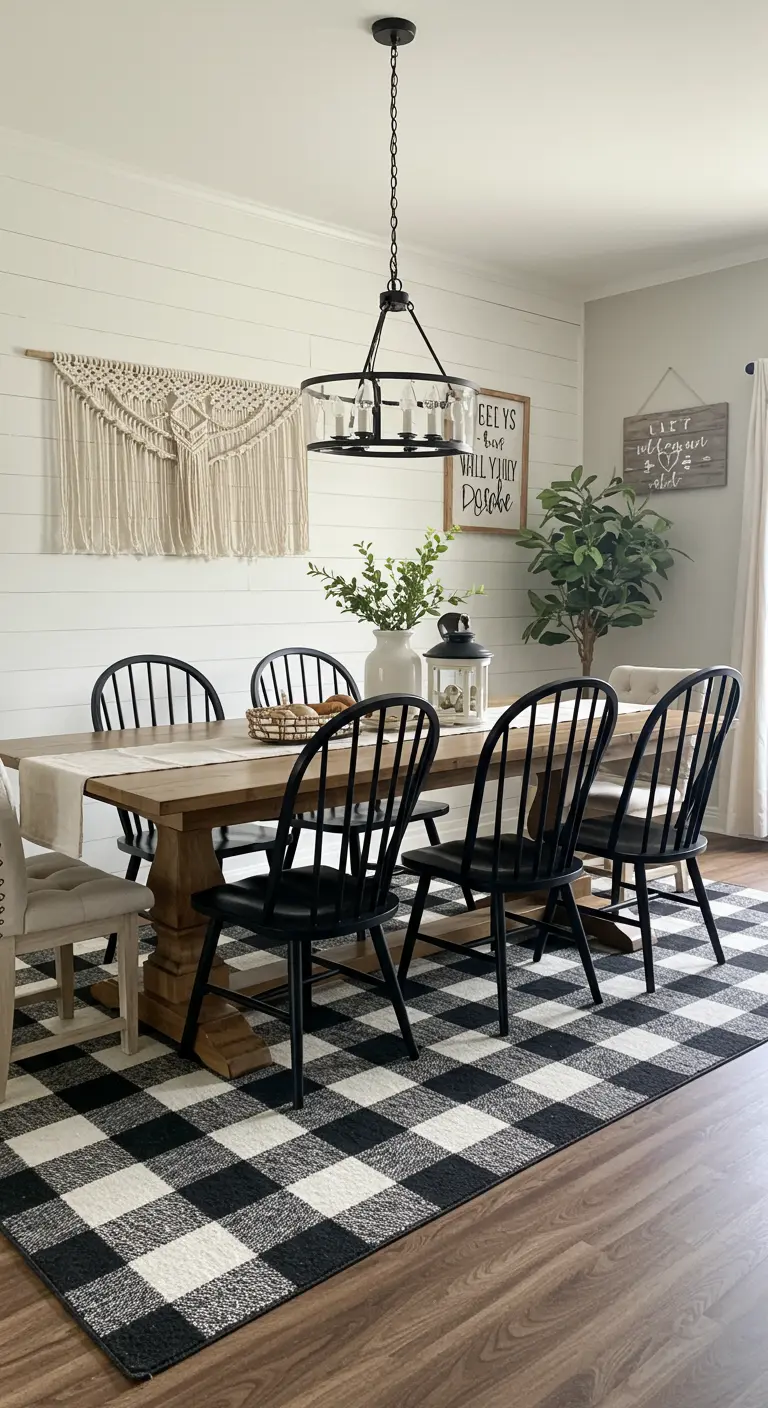 Modern farmhouse dining room with shiplap walls, black chairs, and a buffalo check rug.