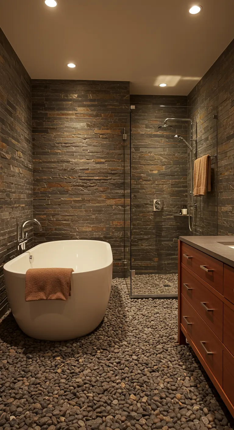 Bathroom with pebble floor, stacked stone walls, and a modern white freestanding tub.