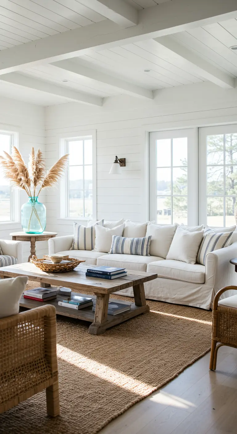 White slipcovered sectional with blue stripe pillows on a large jute rug in a shiplap room.
