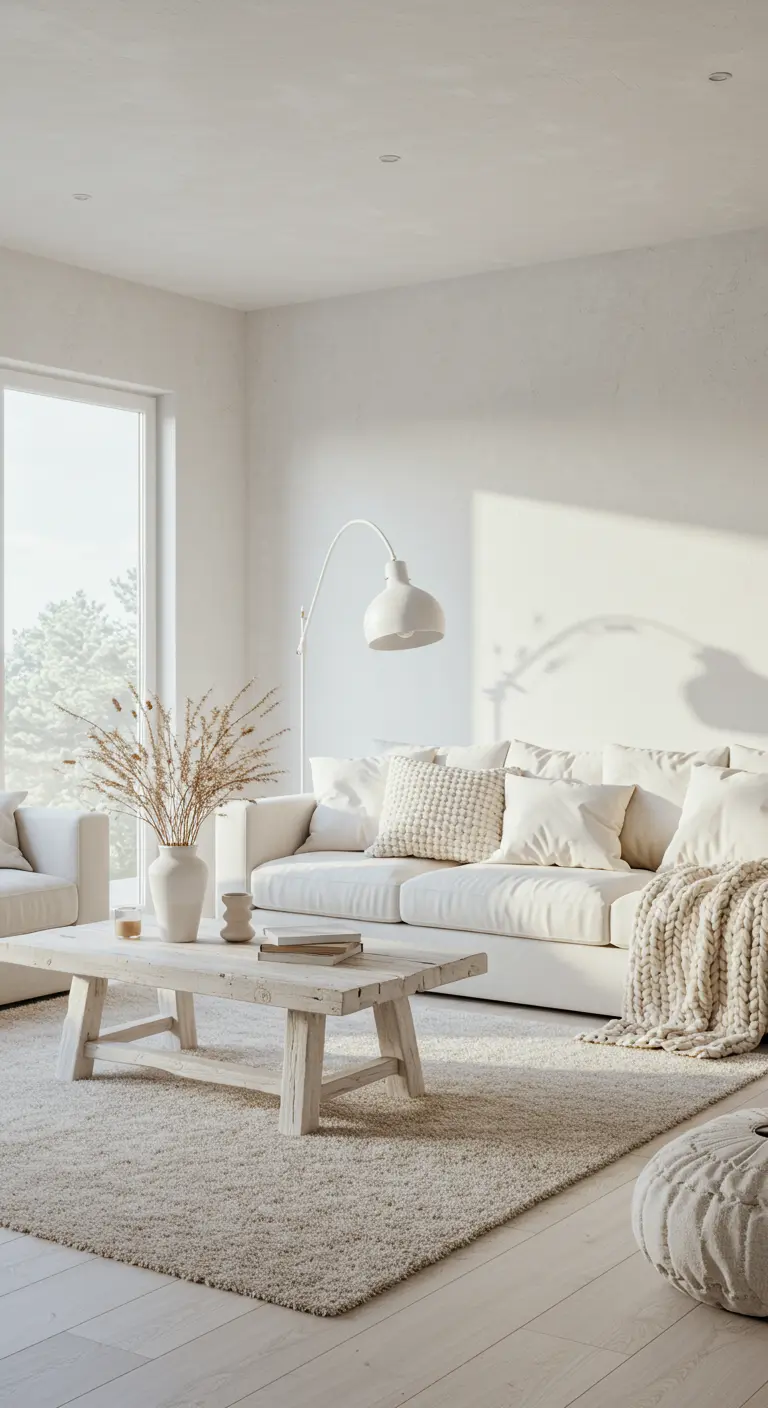Sunlit white living room with a rustic wood coffee table, plush rug, and a comfortable white sofa.