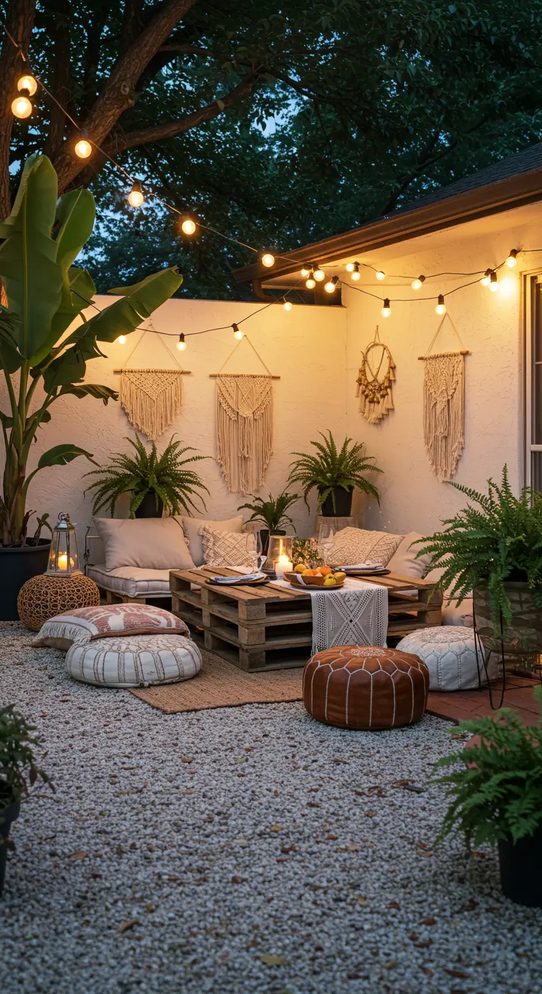 A bohemian patio at dusk with a pallet table, floor cushions, and globe lights.