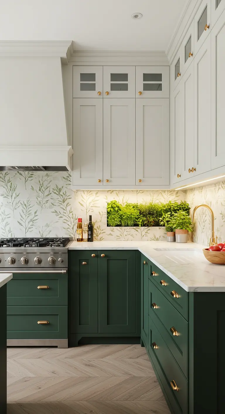 Two-tone kitchen with forest green lower cabinets and white upper cabinets.