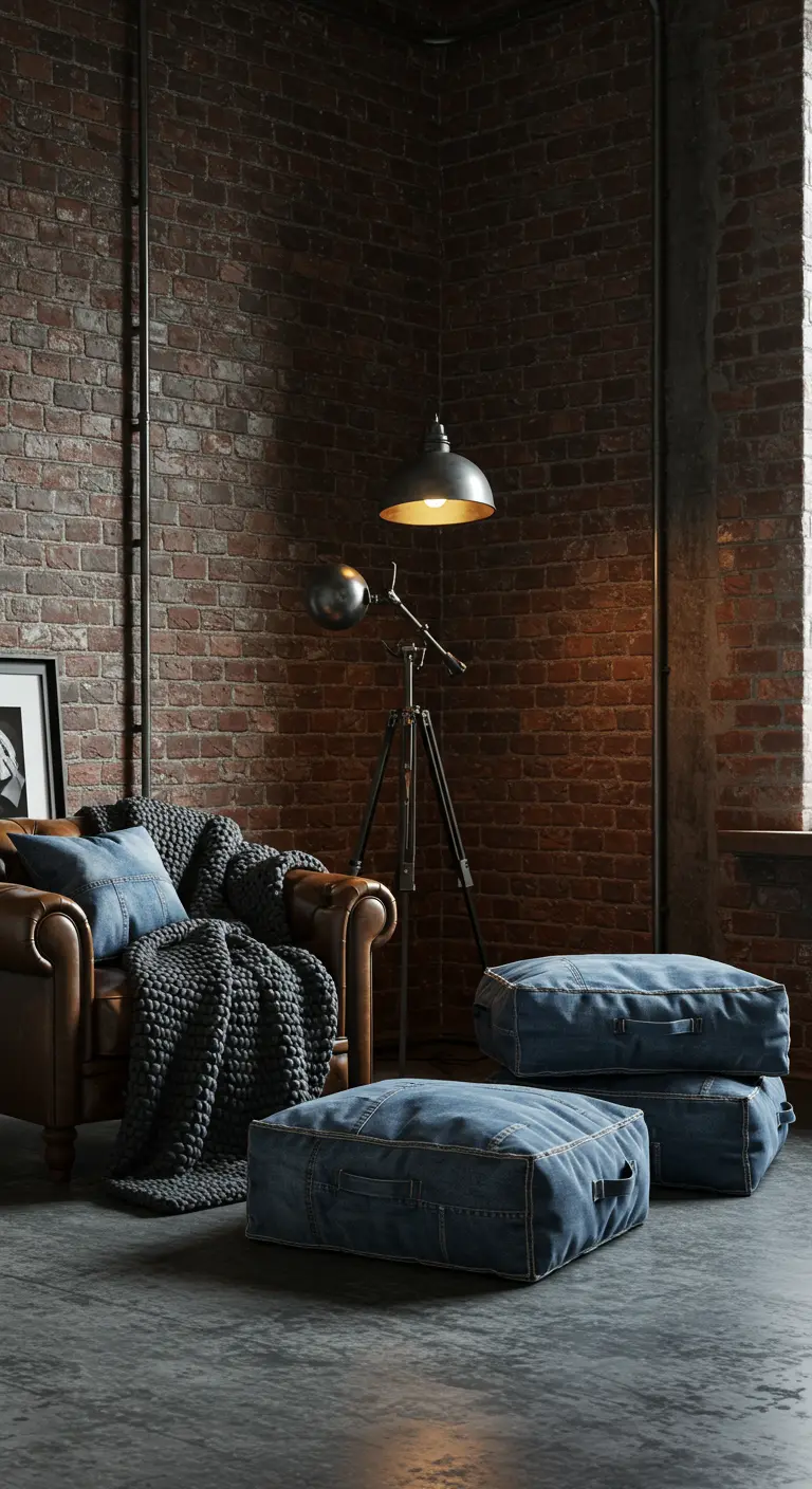 Industrial living room with a leather armchair, a gray chunky knit throw, and two large square denim-like floor cushions.