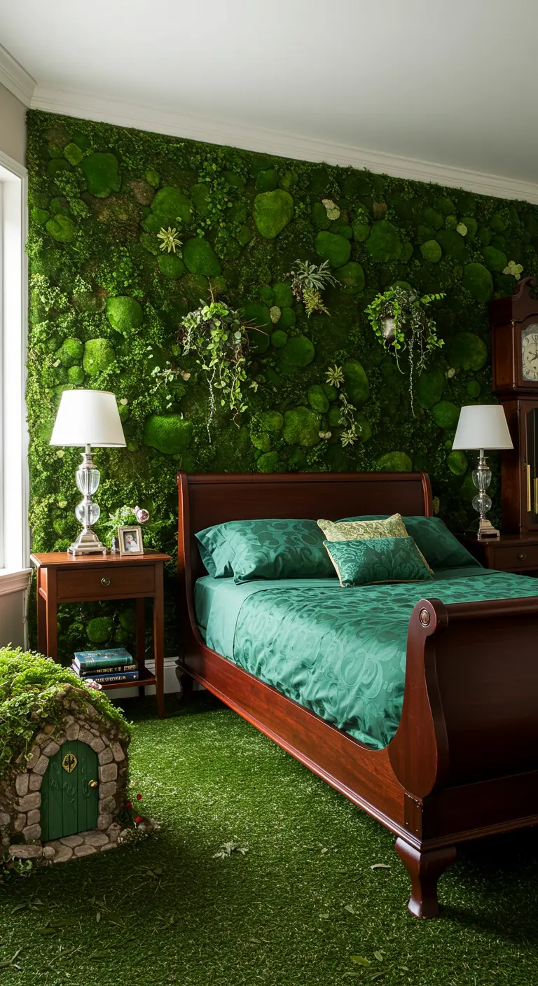 A traditional sleigh bed in a room with a moss wall, grass carpet, and a tiny fairy house.