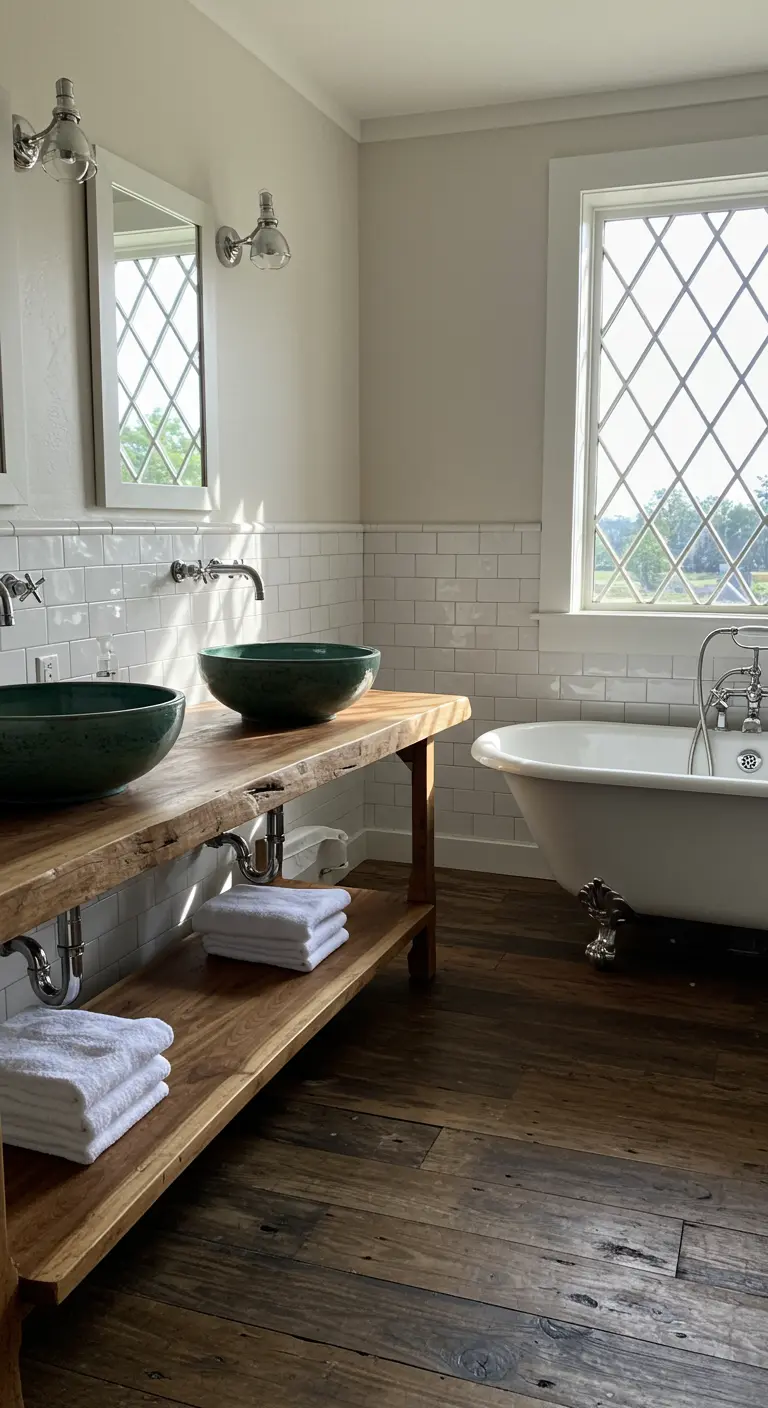 Live-edge wood vanity with two dark green vessel sinks and a clawfoot tub.
