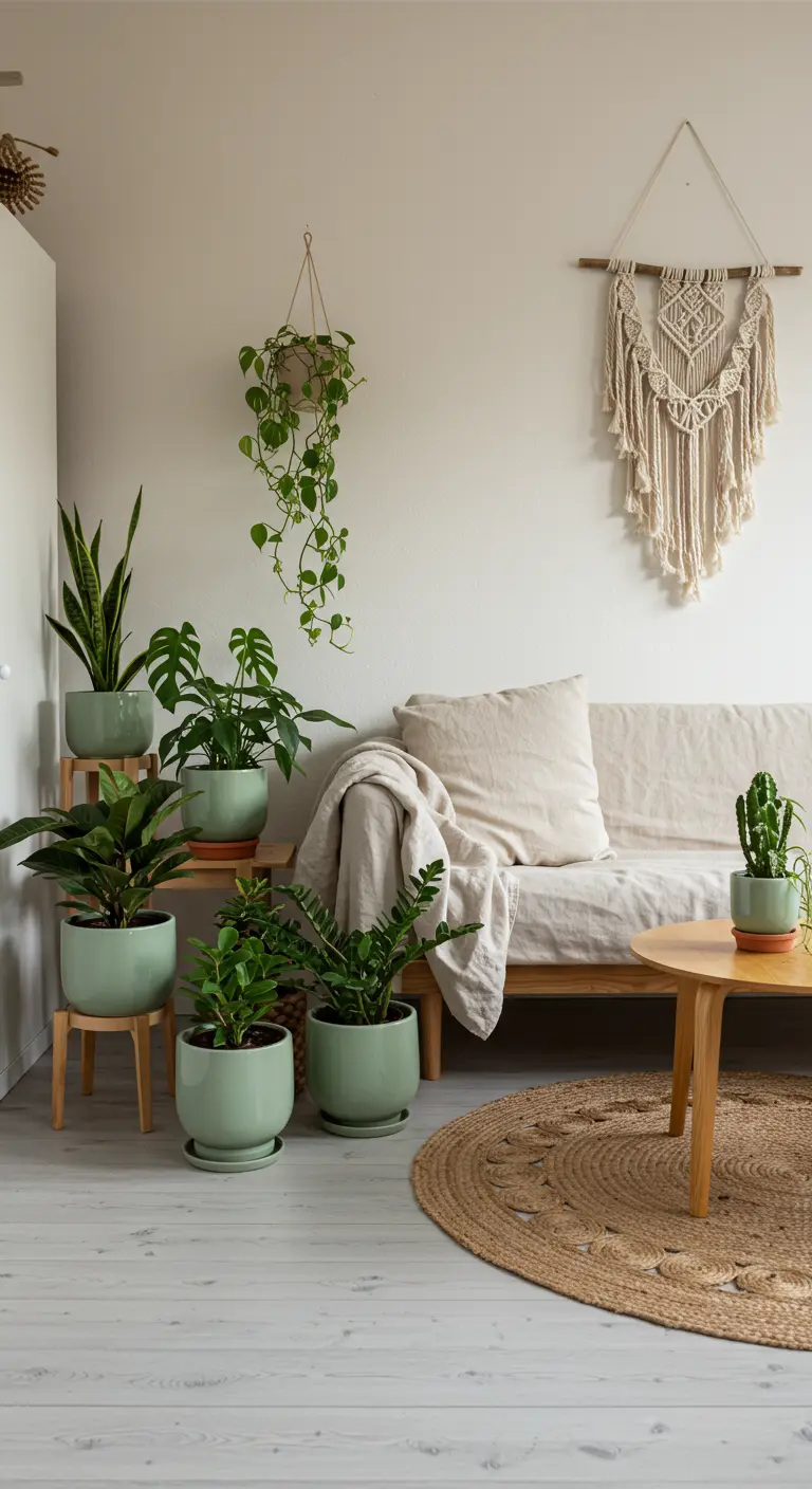 A collection of houseplants in pale green pots clustered in a living room corner.