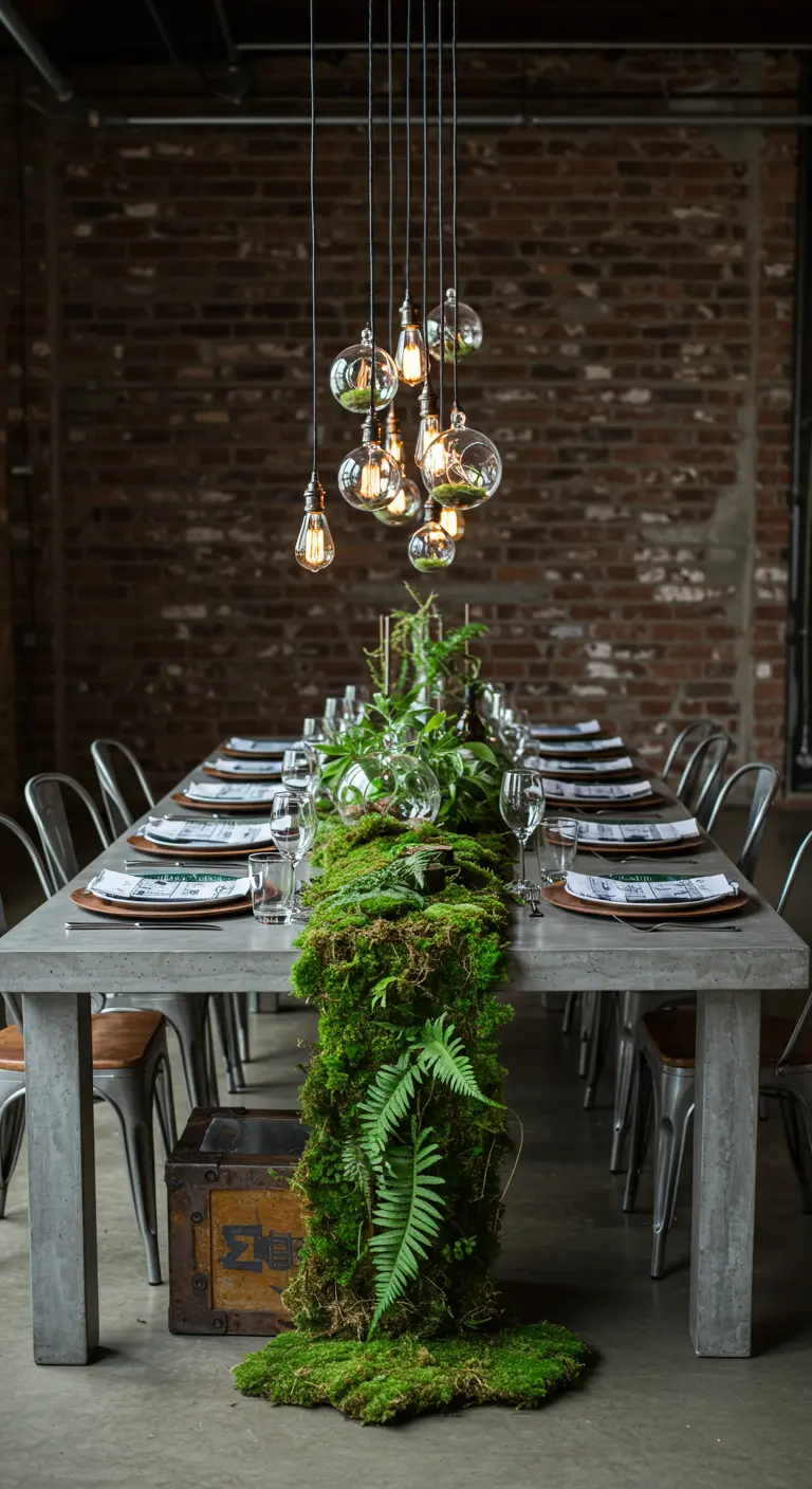 An industrial table with a cascading runner of moss and ferns, lit by hanging Edison bulbs.