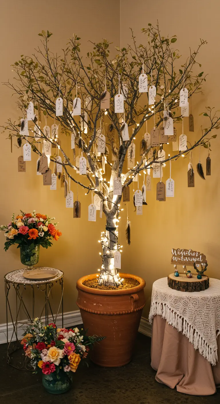 Potted tree decorated with fairy lights and dozens of hanging paper tags as a guest book.