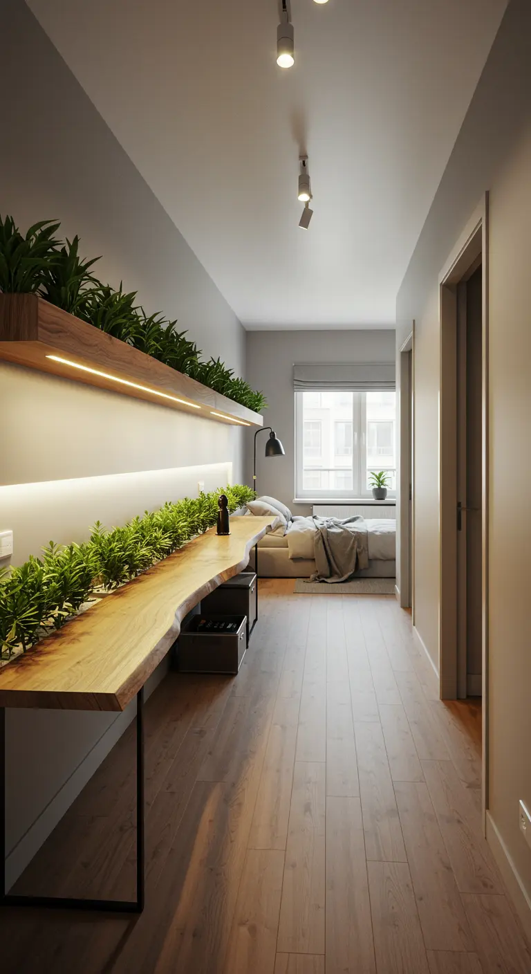 A long hallway with a live-edge console and shelf with integrated lighting and plants.