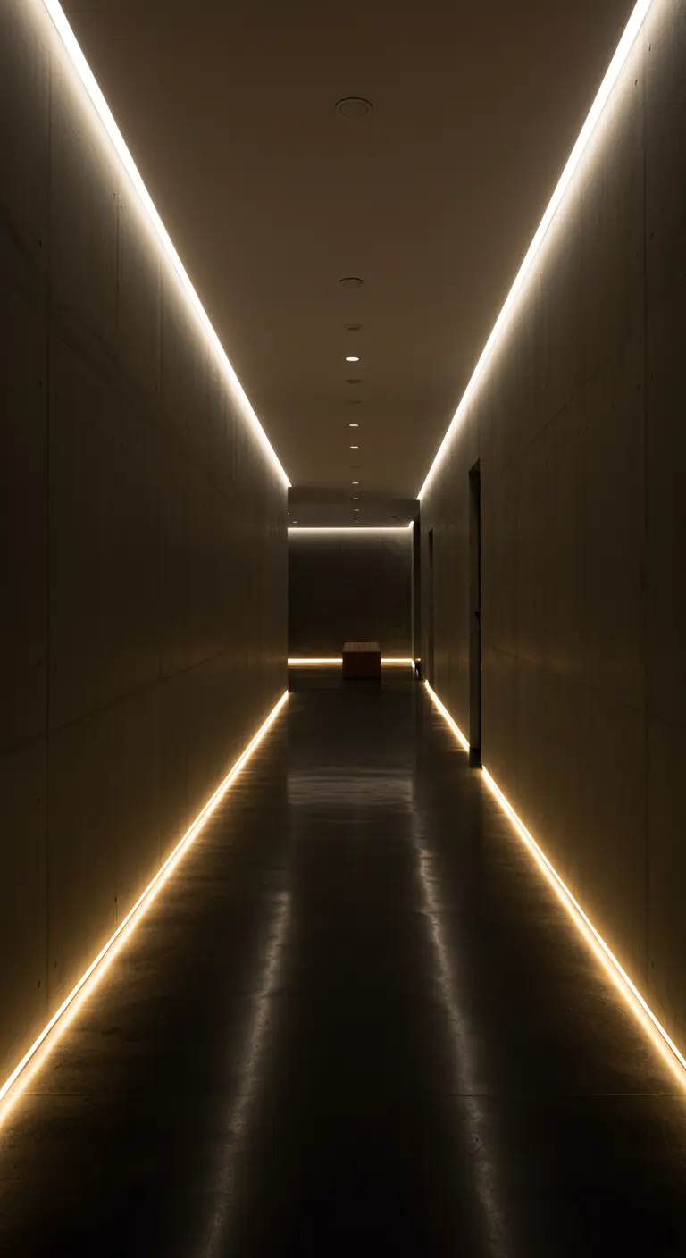 A dark, long hallway dramatically lit by recessed LED light strips along the floor and ceiling.