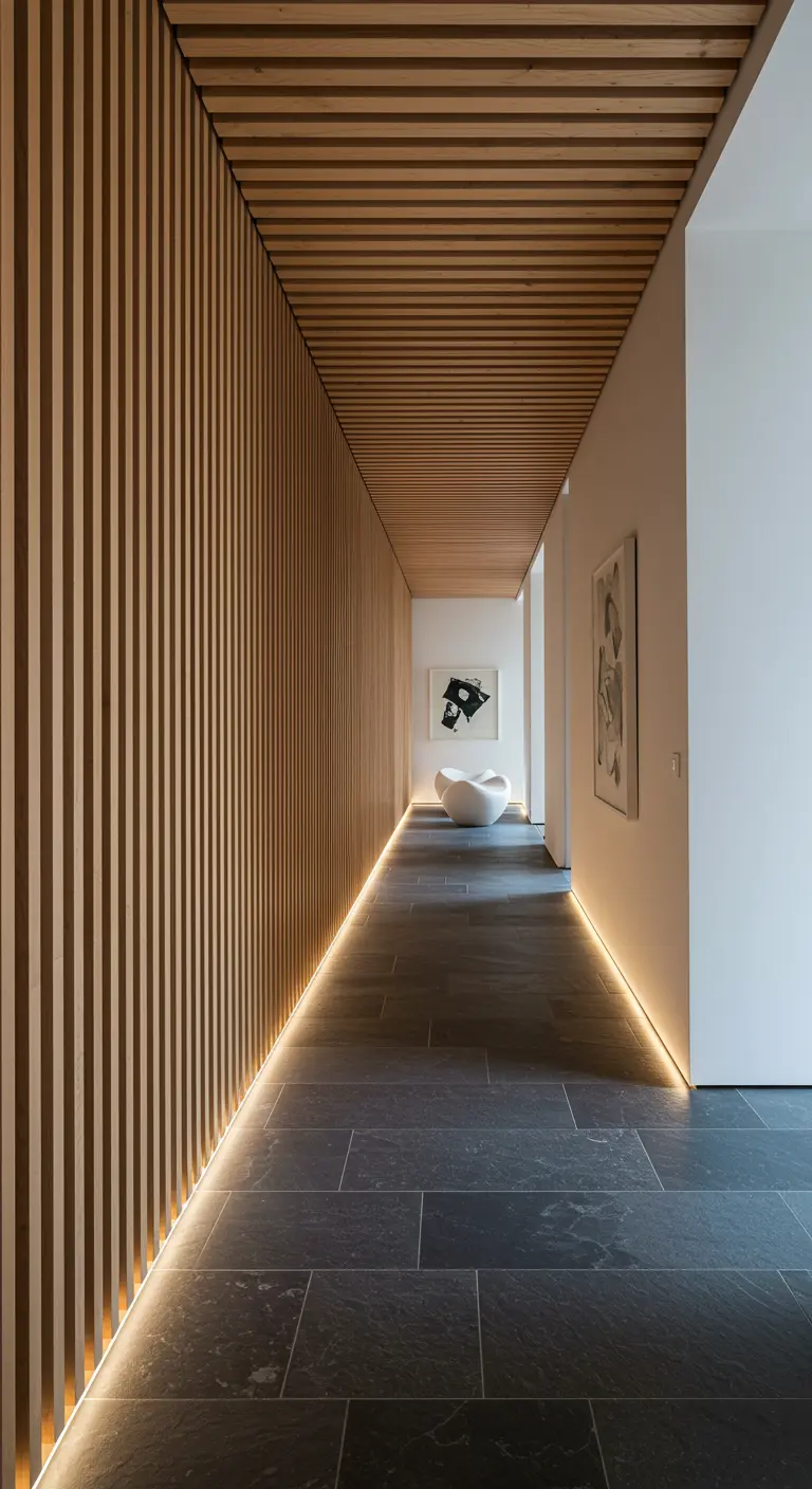 A long hallway with wood-slatted walls and ceiling, lit by a strip of light at the floor.