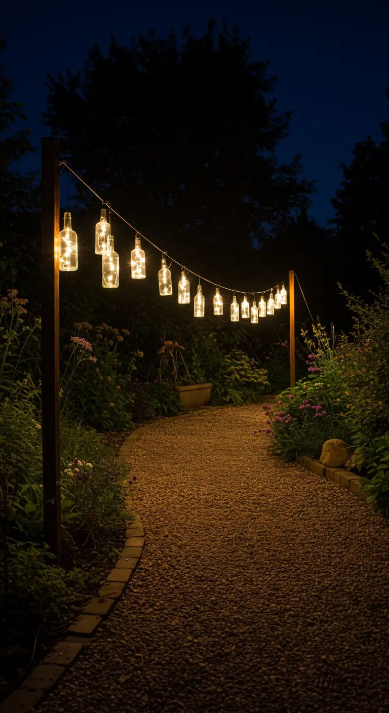 A gravel garden path at night, illuminated by a string of glowing bottle lights.
