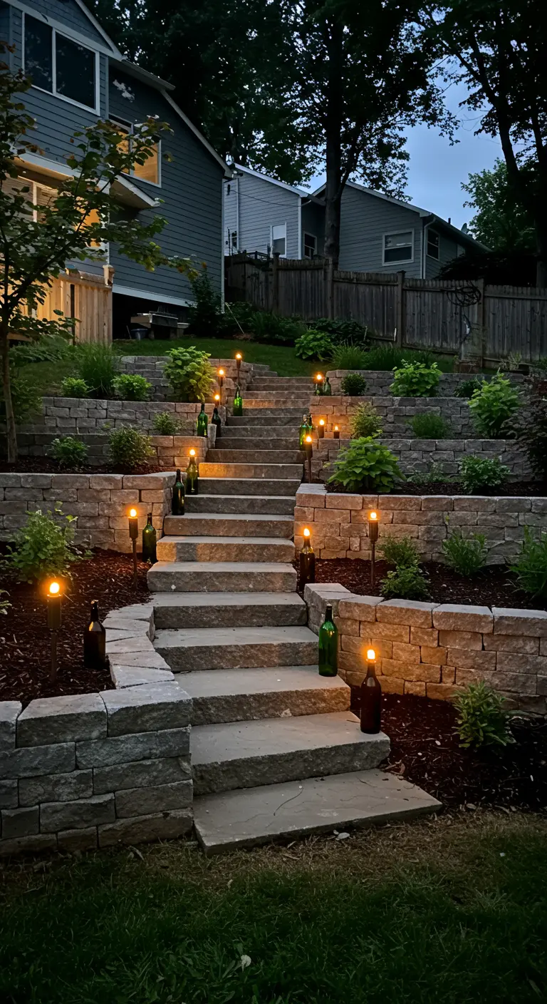 Stone garden steps on a terraced slope, lit by a mix of path lights and bottle torches.