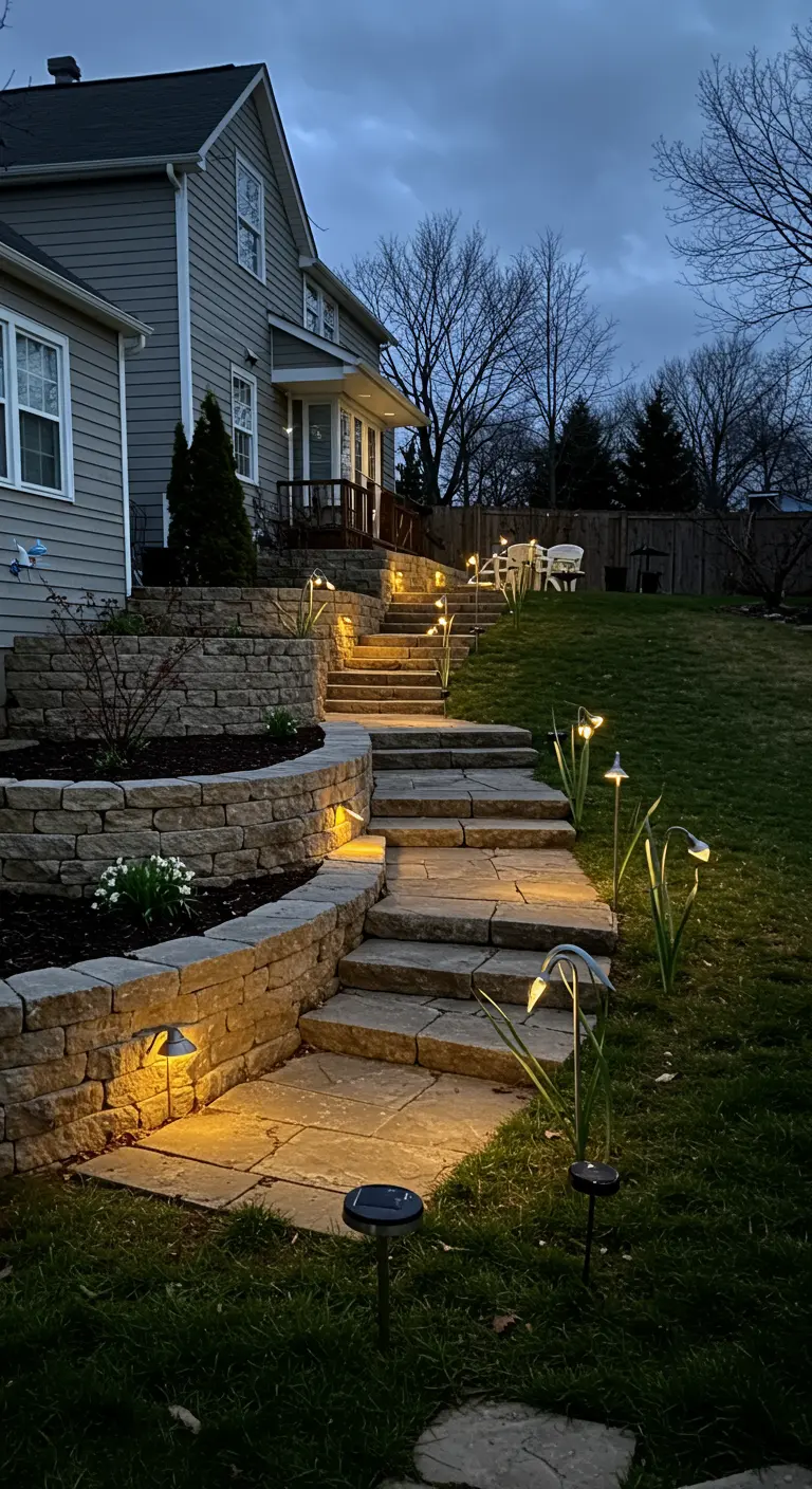 Tiered stone garden steps illuminated by solar-powered flower lights at dusk.
