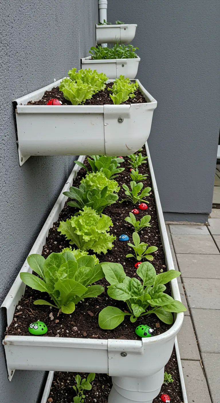 Colorful painted ladybug rocks nestled in the soil of a vertical white gutter garden.