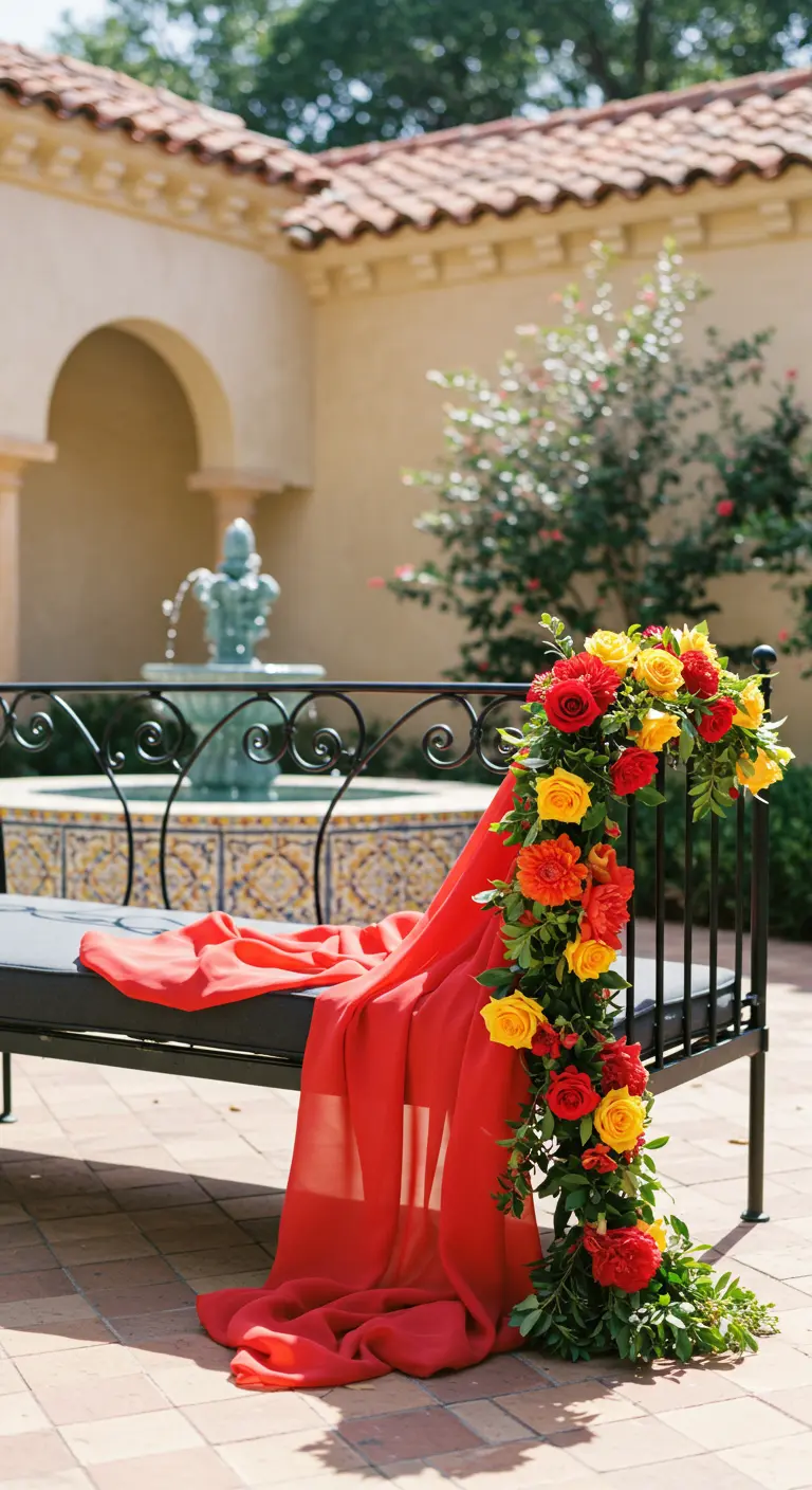 A black daybed in a Spanish-style courtyard, with a vibrant garland of red and yellow flowers.