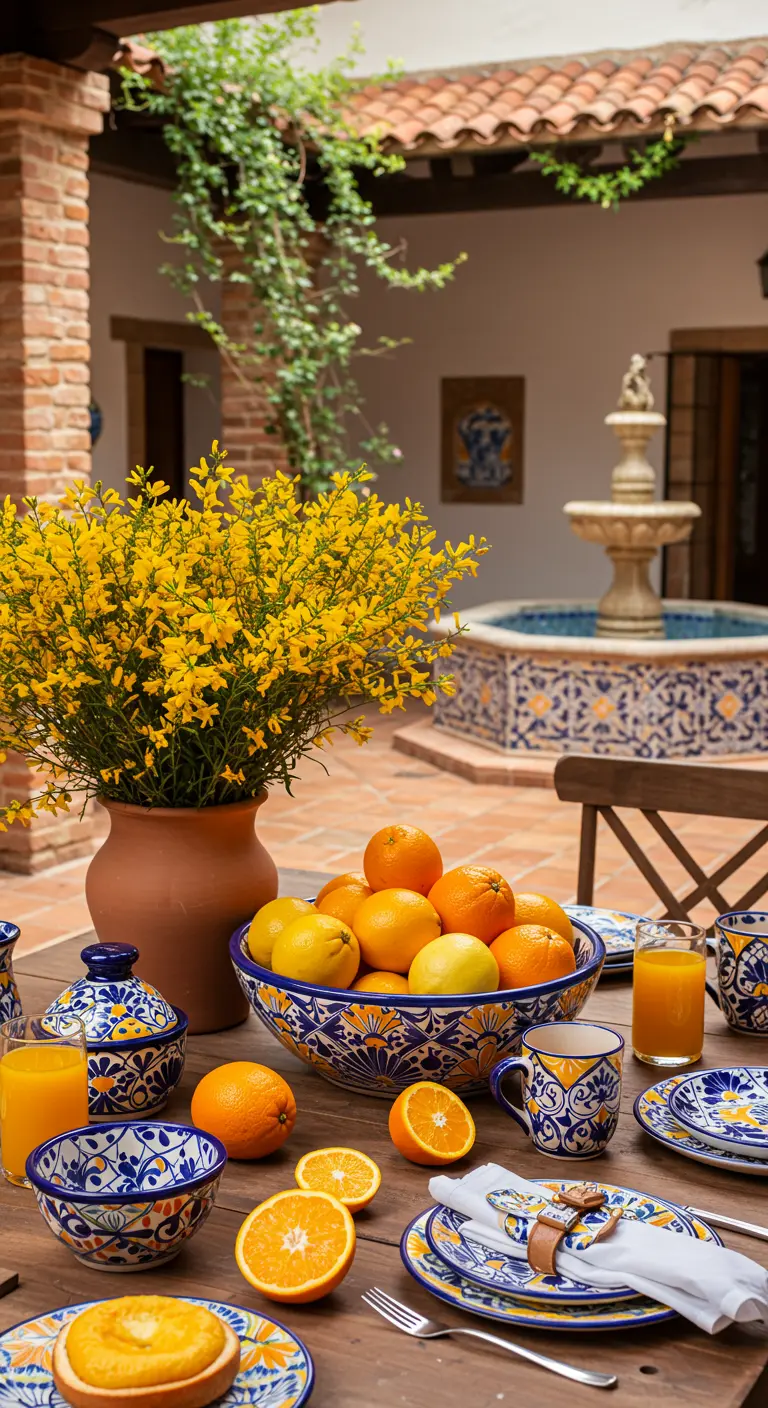 A Spanish-style courtyard table with blue and yellow patterned ceramic plates and a bowl of citrus.