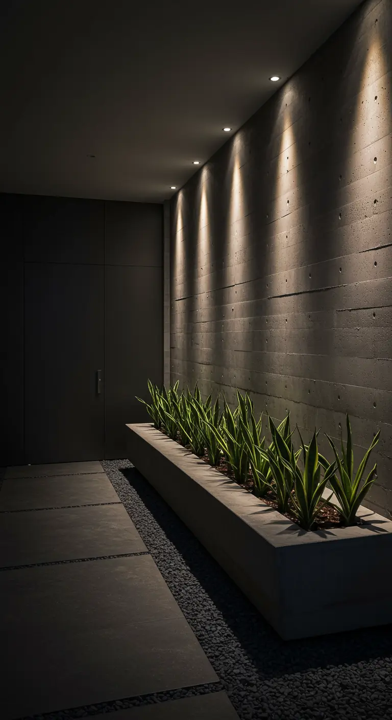 A long concrete planter with snake plants in a dark hallway, dramatically lit by ceiling spotlights.
