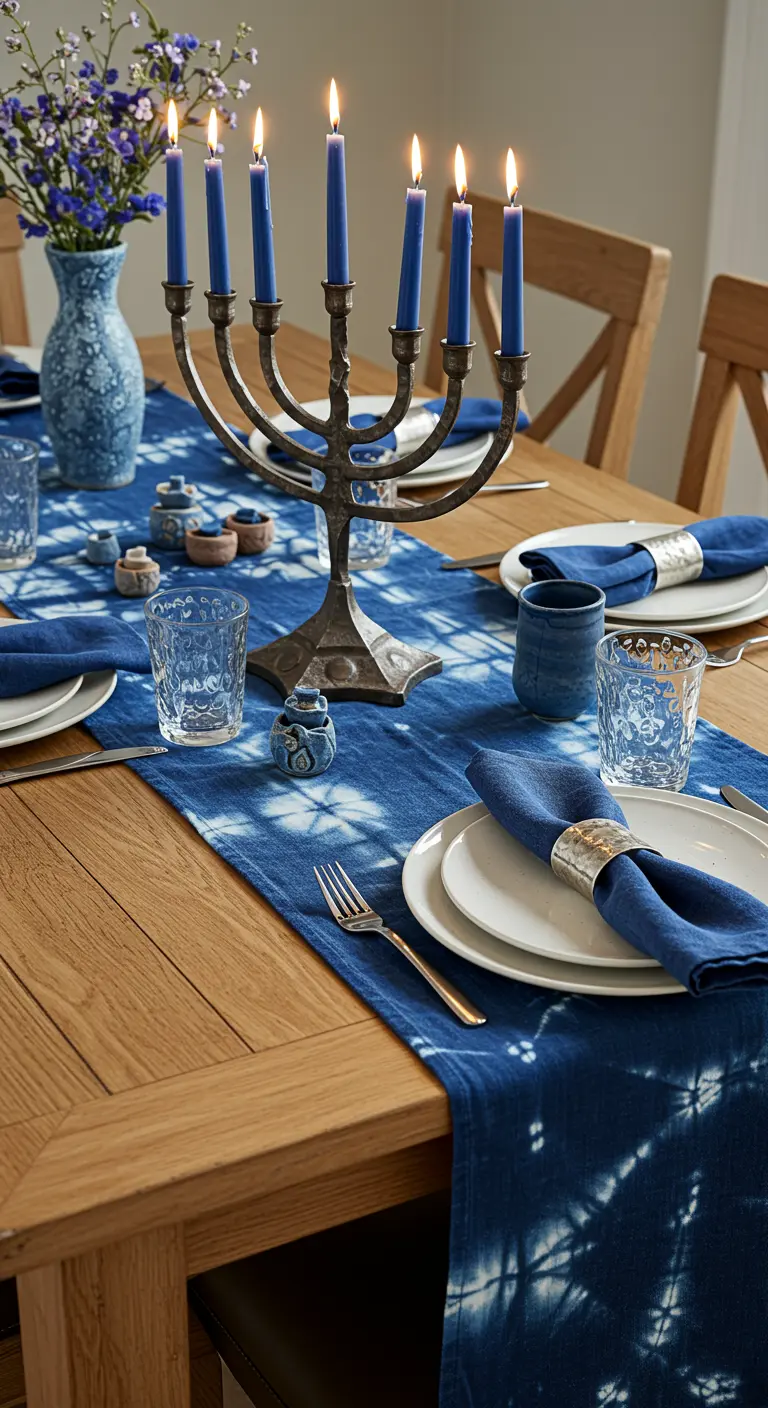 A rustic Hanukkah table with a handmade indigo tie-dye runner and a bronze menorah.