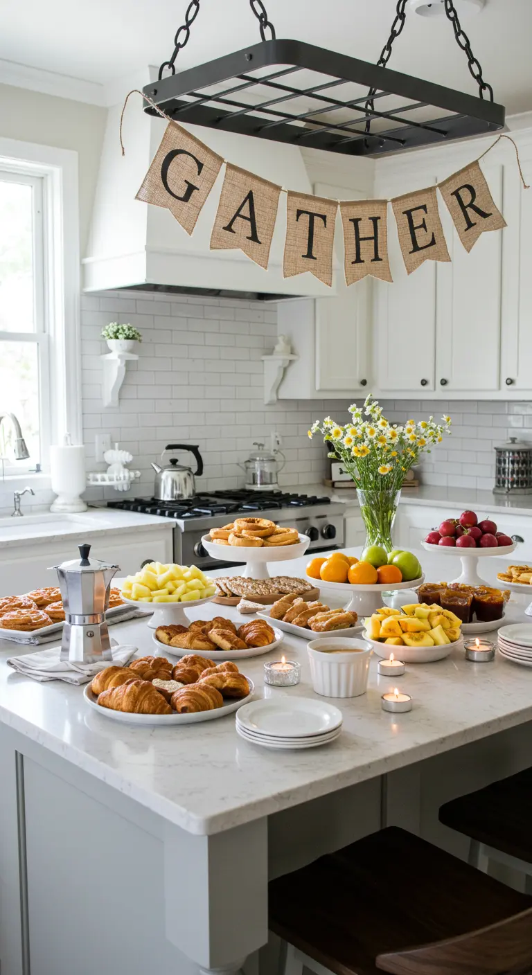 A bright kitchen island brunch with a 'GATHER' banner hanging from a pot rack above.