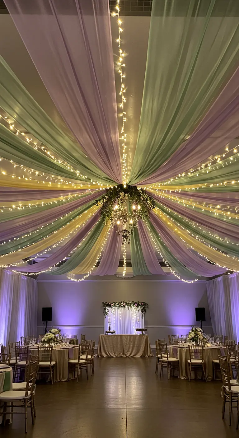 A ceiling draped with pastel-colored fabrics and fairy lights radiating from the center.