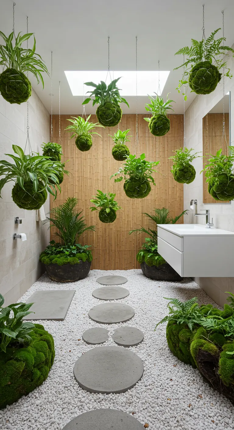 A bathroom filled with kokedama moss balls hanging from the ceiling at different heights.