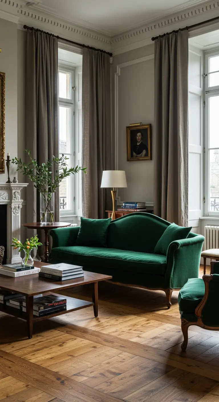 A classic living room with tall windows and heavy gray curtains hung high and wide.