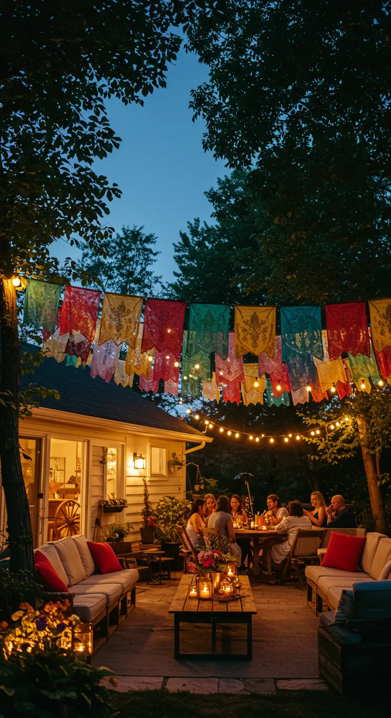 A backyard party at dusk with colorful Papel Picado banners and string lights.